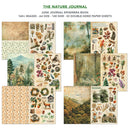 The Nature Journal Junk Journal Ephemera Book cover preview showing multiple sample paper sheet designs with vintage nature illustrations, including forests, mountains, owls, mushrooms, wreaths, and floral patterns on a white background with product text at the top.