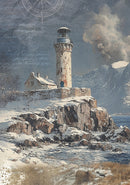 Lighthouse on a rocky island with snow-covered landscape and mountains in the background