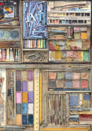 Collection of art supplies including paint tubes, brushes, and palettes.