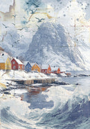 Fishing village with colorful houses by a mountainous coastline with waves crashing.