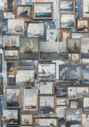 Wall with multiple framed paintings of ships at sea