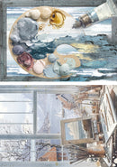 Artistic depiction of a paint palette with colors and a tube of paint, transitioning to a snowy scene with a house.