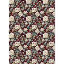 A vertical rectangular panel featuring a dense floral pattern with cream roses, green leaves, and small peach blossoms on a dark burgundy background, shown against a white studio backdrop.