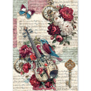 A vintage-style decorative collage featuring a violin with floral print, sheet music, roses, pocket watches, a key, butterflies, and a blue bird on an aged paper background.