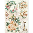 A vintage-style floral collage print featuring blush pink and cream flowers, green leaves, a gold key, wrapped envelopes, and a small heart on a distressed off-white background.