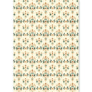 A vertical sheet of wrapping paper featuring a repeating vintage damask-style floral pattern in muted teal, rust orange, and olive green on a warm cream background.