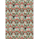 A rectangular fabric or wallpaper panel featuring a dense, repeating vintage floral and fruit pattern on a light aqua background. The design includes pink and red flowers, strawberries, plums, and small hearts in a symmetrical layout.