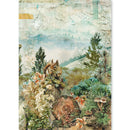 A vertical art print featuring a detailed collage-style nature scene with a squirrel among green trees, flowers, mushrooms, and a weathered textured background.