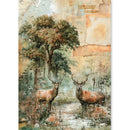 A vertical art print depicting two red deer standing in a misty woodland path with trees and textured paper collage elements in soft beige, green, and brown tones.