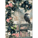 A vintage-style collage artwork featuring a black raven perched over old bookshelves, surrounded by large dark blue and pink roses, cream flowers, green leaves, a green butterfly, and faint script text on a distressed beige background.