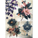 Vintage-style botanical art print featuring pink and dark blue flowers, purple leaves, clusters of berries, and an ornate blue decorative motif on a distressed beige background with faint text.
