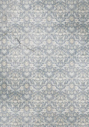 Patterned wallpaper with a floral design in blue and gray tones.