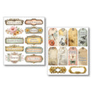 Two sheets of decorative tags with various designs and text on a white background.