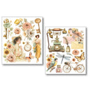 Two vintage-themed sticker sheets with floral, mechanical, and nature elements on a white background.