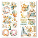 Set of baby-themed stickers with animals, flowers, and text on a white background