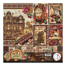 A sheet of scrapbook paper with a vintage steampunk chocolate theme, featuring multiple illustrated panels with gears, roses, chocolates, and labels such as 'Chocolate Wonderland' and 'Praline'.