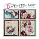 A square product card for a craft paper pack showing four decorative vintage-style designs: a blue butterfly, red and cream flowers, a bird with flowers, and a teacup with roses. The top banner reads 'Deluxe & Vellum Dual Pack' and '6 Different Designs' with the brand name Ciaobellapaper visible.