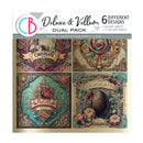 A square product cover for a craft paper pack titled 'Deluxe & Vellum Dual Pack' showing four decorative chocolate-themed vintage designs. The top banner includes the brand logo 'CB' and text reading '6 Different Designs,' '3 Deluxe Sheets,' and 'www.