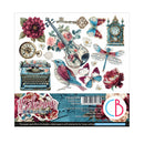 Bohemian Burgundy Fussy Cut Paper sheet featuring vintage-style illustrations including a violin, flowers, clock, typewriter, bird, butterflies, and dragonflies, with branding and product info along the bottom.