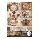A sheet of vintage-style scrapbooking paper featuring steampunk and chocolate-themed illustrations, including a clock, gears, a robot chef, a golden ticket, a chocolate box, a building facade, and a row of patterned borders and small decorative elements. The sheet includes branding and product text at the bottom.