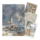 Collage of a lighthouse painting, a painting of a person at a window, and a decorative paper sheet with various designs.