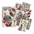 A set of decorative scrapbook paper sheets featuring a vintage floral and musical theme, including roses, butterflies, a violin, clocks, and script text on a white background.