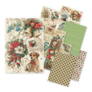A set of Christmas-themed patterned paper sheets fanned out on a white background, featuring vintage holiday illustrations including a puppy, bells, flowers, snow globe, and gingham and polka dot patterns.