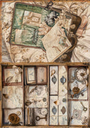 Decorative collage with vintage items including a suitcase, letters, and small objects.