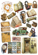 Collage of vintage items including books, a clock, a car, and a door.