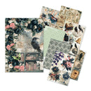 A set of five patterned paper sheets arranged on a white background, featuring gothic and vintage designs with crows, roses, books, and floral motifs.