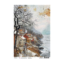 Winter scene with a person walking along a path near a body of water and houses.