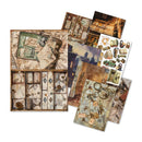 Collection of vintage-style paper sheets and a box with intricate designs on a white background