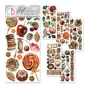 A set of five vintage-themed transparent adhesive sticker sheets from Art Stickers, featuring illustrations of old-fashioned candies, macarons, flowers, and decorative labels on a white background.
