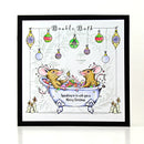 A square black-framed Christmas greeting card featuring two mice sitting in a bathtub with ornaments hanging above, candles at the bottom corners, and the text 'Bauble Bath' and 'Speaking in to you a Merry Christmas'.