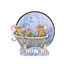 A decorative square plaque or sign featuring an illustrated scene of two mice sitting in a bathtub with colorful bath items, set against a blue icy background with the text 'Bauble Bath' at the bottom.