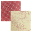 Two square paper shown on a white background: one with a repeating red-and-white geometric pattern, and one with a vintage-style map of North America in red linework on a warm beige background.