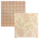 Two sheets of patterned scrapbook paper shown overlapping on a white background. The top-left sheet has a warm peach background with repeating cream floral medallions.