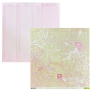 Two square double-sided scrapbooking paper sheets, featuring a floral and scroll pattern in pale yellow, pink, and white, with a second sheet showing a pink grid lined with fine red lines.