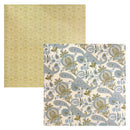 Two square paper swatches shown on a white background: one in warm gold with a repeating damask-style pattern, and one in cream with a paisley floral pattern in blue and olive green.