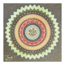A square decorative cardstock featuring a circular mandala design with concentric rings, a central emblem, and a scalloped outer border in muted red, beige, mint green, black, and brown tones.