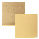 Two square sheets of textured paper in warm metallic gold tones, one with a linen-like weave texture and the other with a subtle embossed geometric pattern, shown on a white background.
