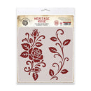 Cosmic Sprinkler Heritage Rose 24 inch stencil in its original retail packaging, featuring a rose and scroll motif in dark red on a light beige background.