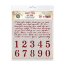 A packaged stamp set from Crumb & Crumble called 'Written in Ink' by Elements Stencil. The package contains a beige sheet with red cursive text and large red numbers 1 through 0.