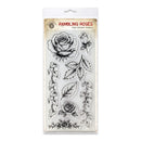 Rambling Roses clear polymer stamps in a white hanging card package, featuring black line-art illustrations of roses, leaves, and stems.