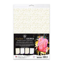 A package of Kalyra Designs 'Gilded to Grunge' damask and script cardstock, featuring a sheet of cream-colored cardstock with gold cursive writing and a black label band with product details.