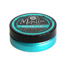 A 50ml round plastic jar of Metallic Gilding Polish in the shade Ocean Teal, featuring a black lid with a teal and black label, and a metallic teal base, on a white background.
