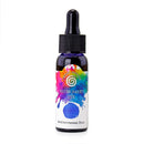 A small dark glass dropper bottle of Classic Designs Water-Based Ink in the shade Mediterranean Blue, featuring a colorful watercolor splash label on a white background.