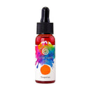 A small amber glass dropper bottle of water-based ink with a black cap and a colorful label. The label features a white background with a vibrant paint splatter design in multiple colors and an orange circle near the bottom, with the text 'Cinnabar Ink', 'WATER-BASED INK', and 'Tangerine'.
