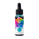 A bottle of Casting Minerals water-based ink in the shade 'Turquoise Blue'. The product is in a clear glass bottle with a black dropper cap, featuring a white label decorated with a colorful paint splash and a turquoise blue ink swatch.