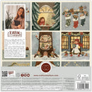 Back cover of a craft kit box for 'Karin's Wildwood Cottage' by Craft Consortium, featuring a 3x3 grid of cozy winter illustrations and product details on a light gray background.